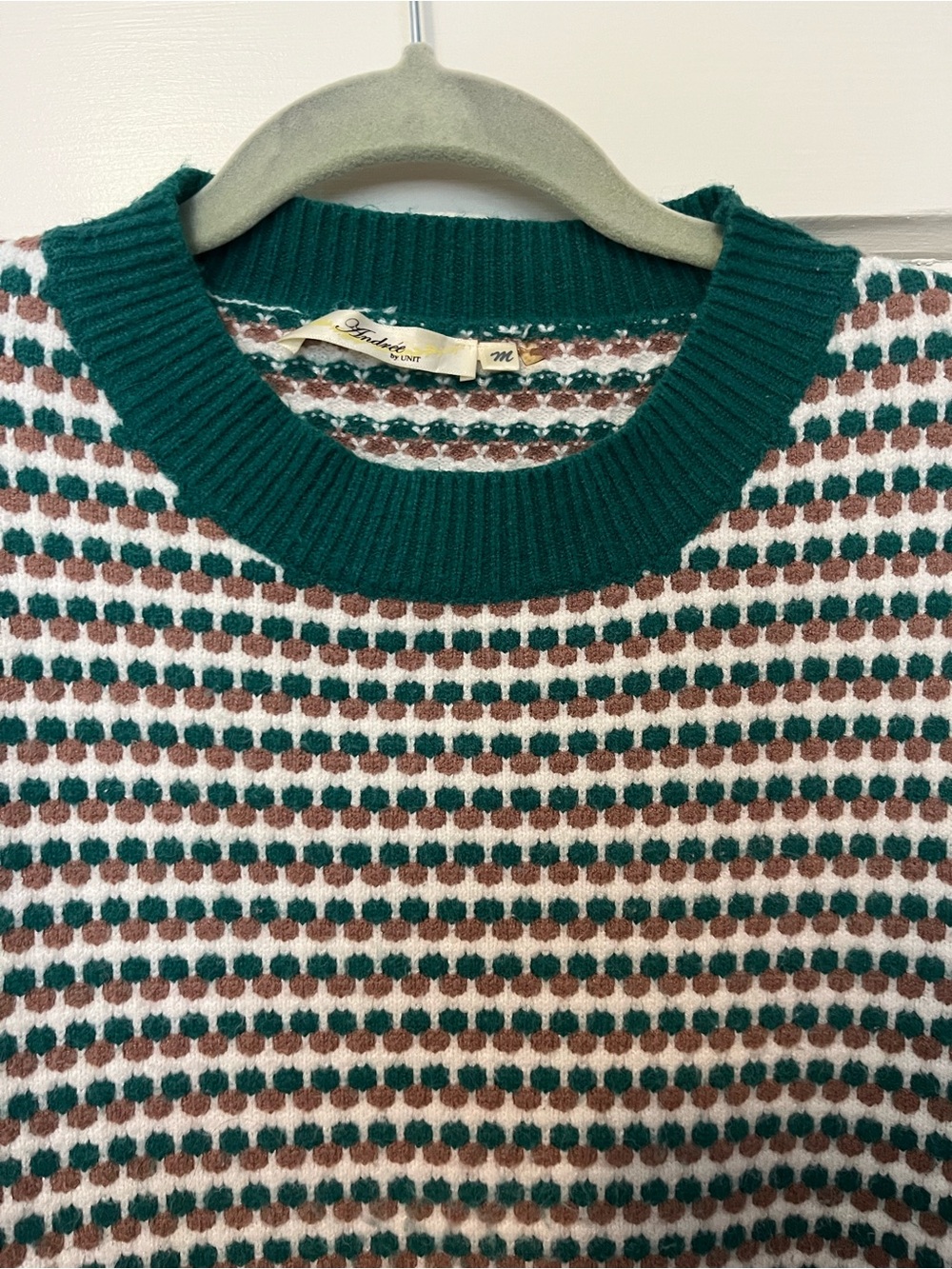 Vintage-Style Textured Knit Crewneck Sweater-Green, Brown & Cream-Andree by Unit